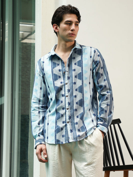 Blue Geometric Pattern Cotton Polyester Blend Full Sleeve Shirt