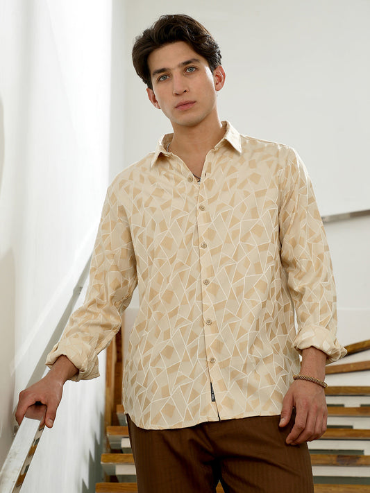 Beige Geometric Pattern Cotton Blend Full Sleeve Shirt