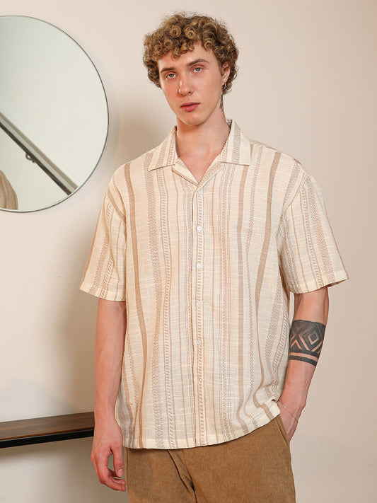Beige Striped Cuban Collar Shirt