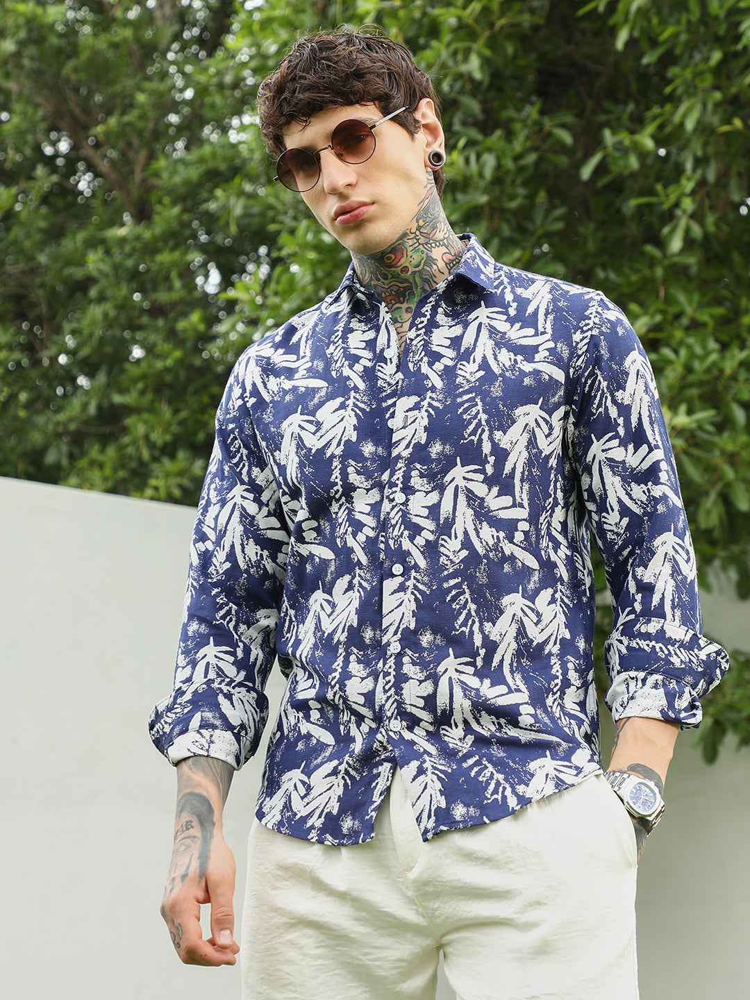 Navy Blue Botanical Print Cotton Blend Full Sleeve Shirt