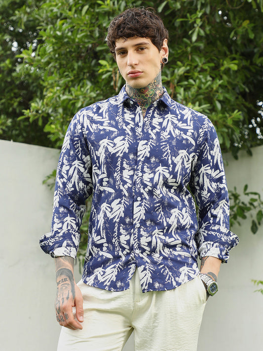 Navy Blue Botanical Print Cotton Blend Full Sleeve Shirt