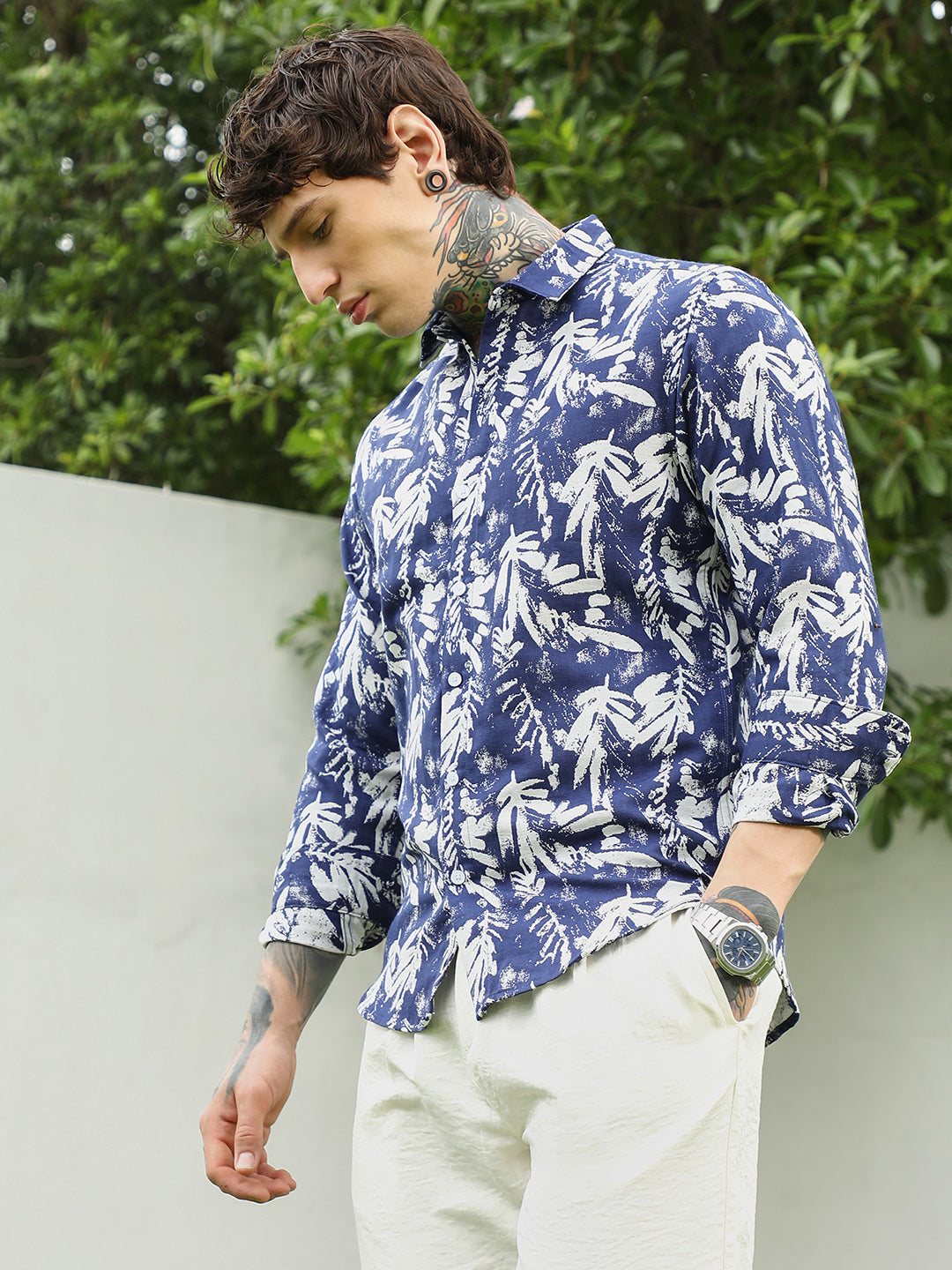 Navy Blue Botanical Print Cotton Blend Full Sleeve Shirt