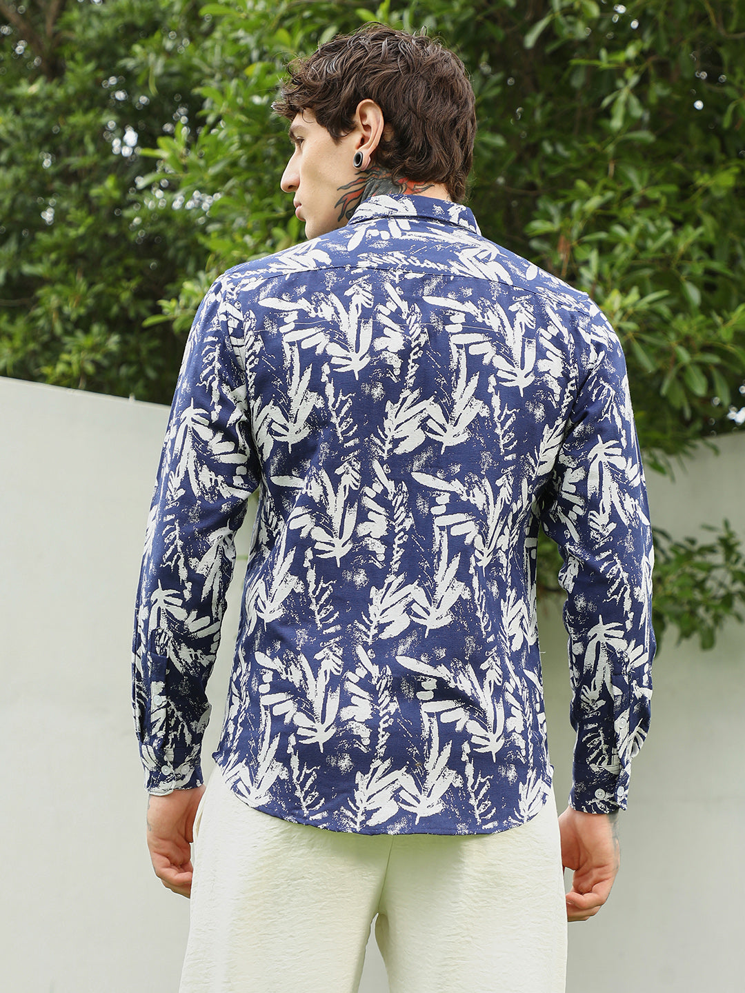 Navy Blue Botanical Print Cotton Blend Full Sleeve Shirt