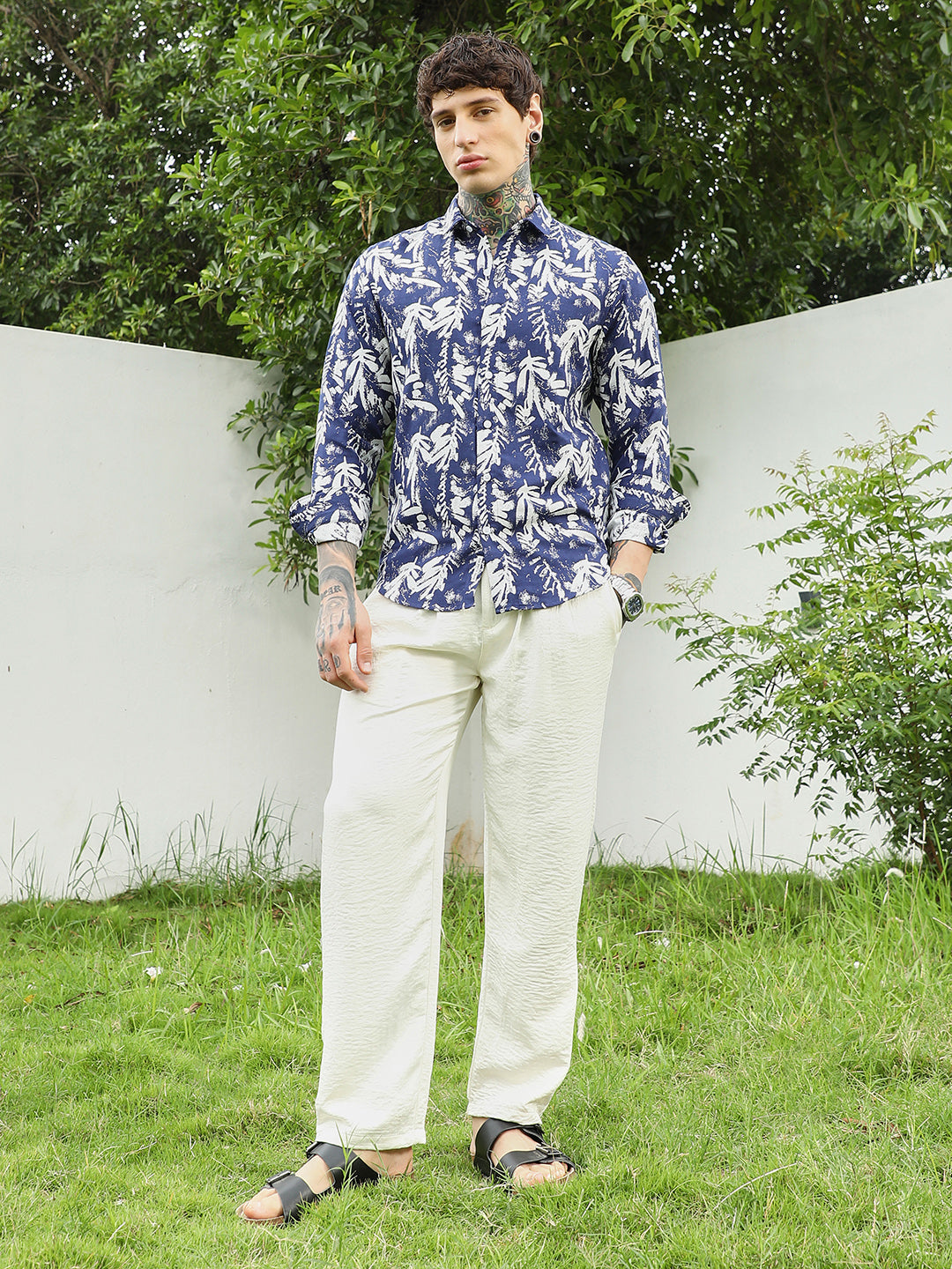 Navy Blue Botanical Print Cotton Blend Full Sleeve Shirt