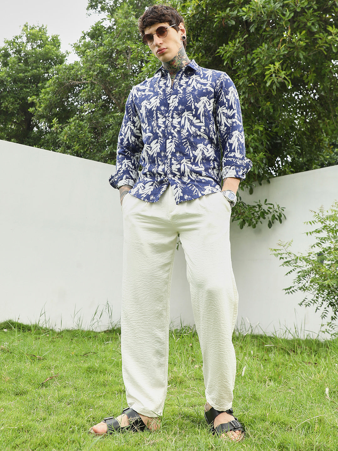 Navy Blue Botanical Print Cotton Blend Full Sleeve Shirt