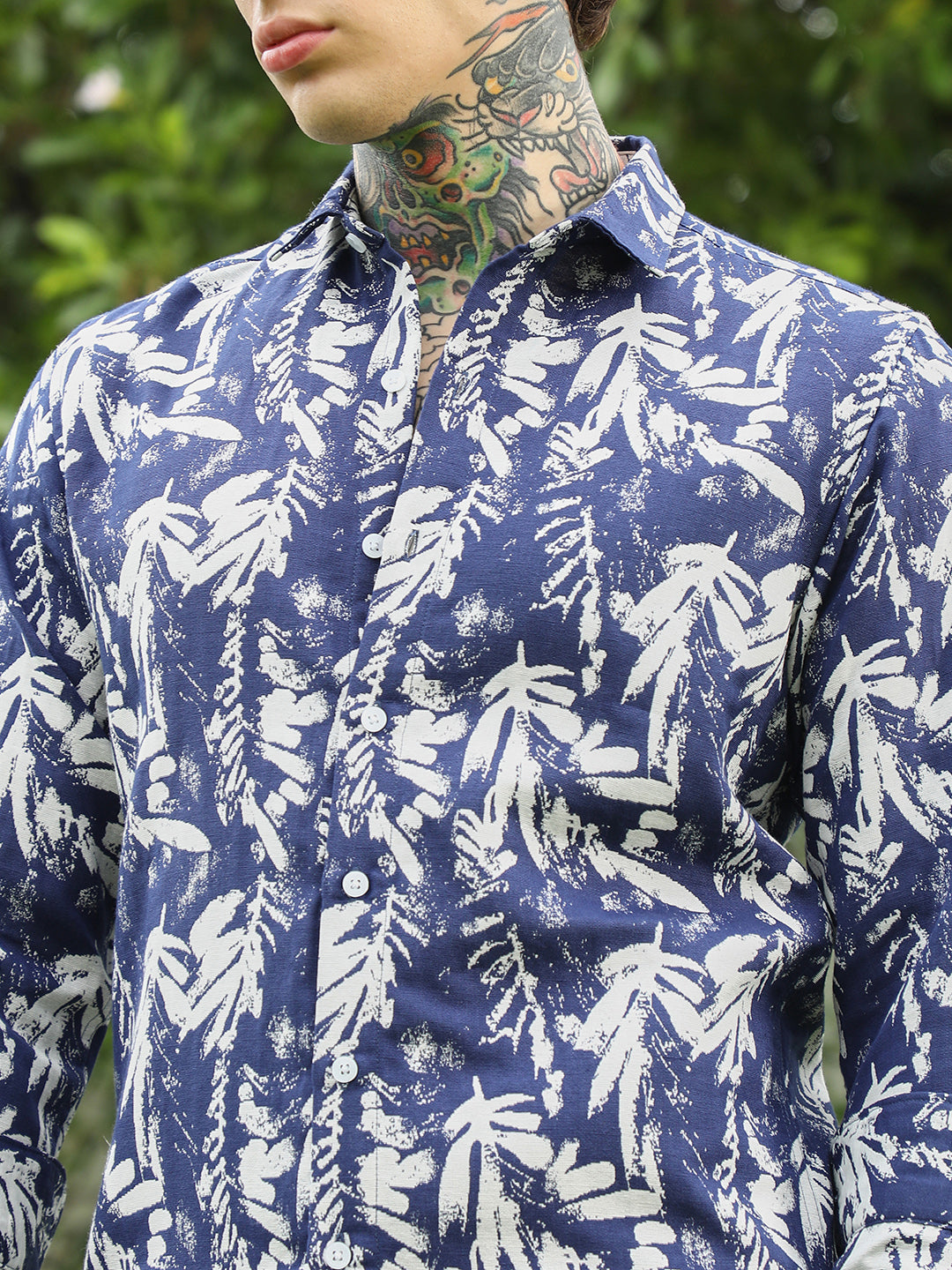 Navy Blue Botanical Print Cotton Blend Full Sleeve Shirt