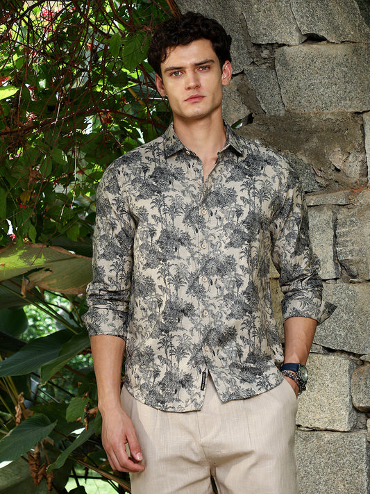 Ecru Beige & Charcoal Black Safari-Forest Jacquard Shirt