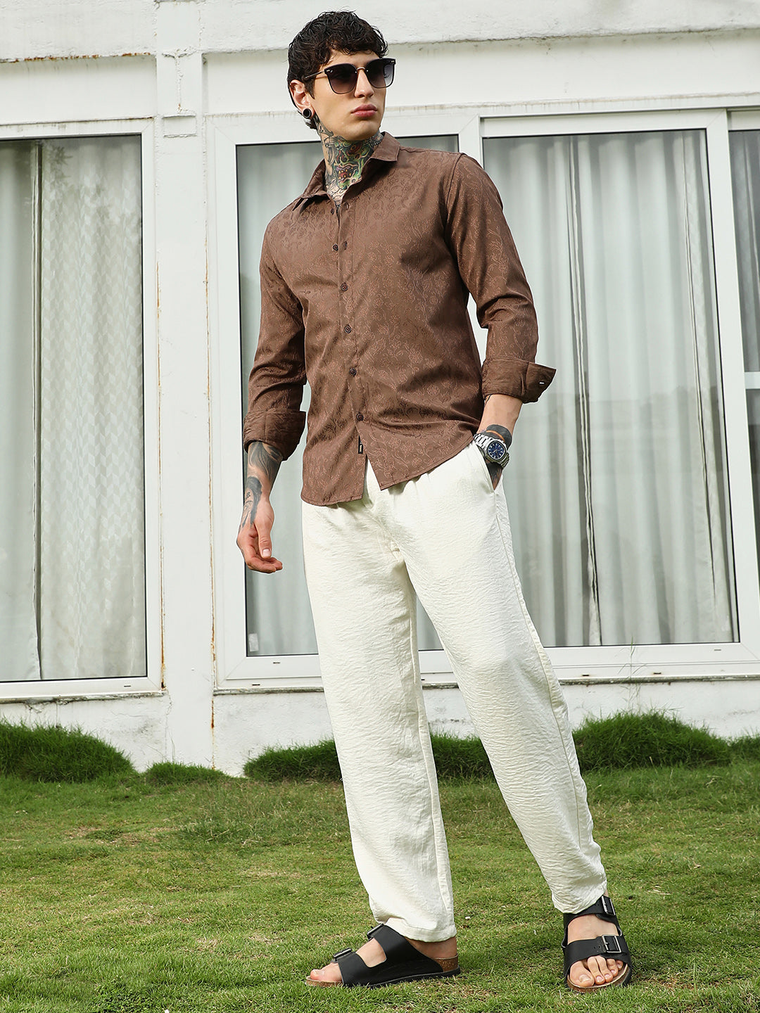 Slim Fit Brown Floral Jacquard Shirt