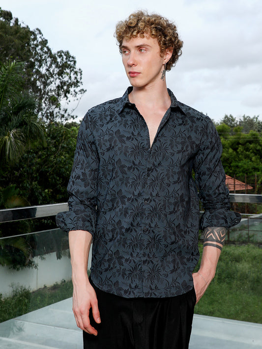 Dark Grey Floral Pattern Slim Fit Shirt