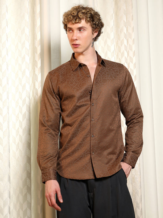 Brown Jacquard Full Sleeve Tailored Fit Shirt