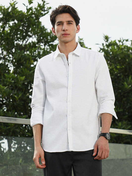 White Textured Cotton Blend Full Sleeve Shirt