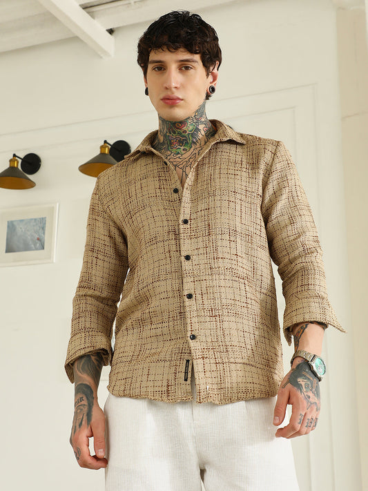 Beige Textured Cotton-Polyester Blend Shirt