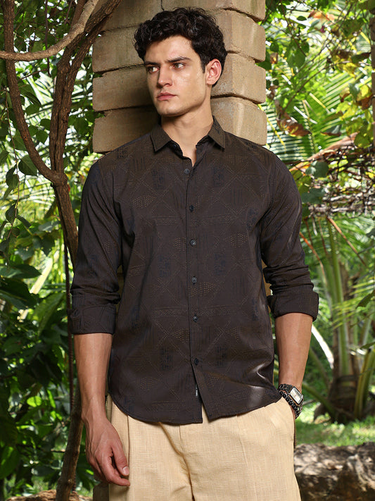 Olive Brown Geometric-Folk Self-Design Shirt