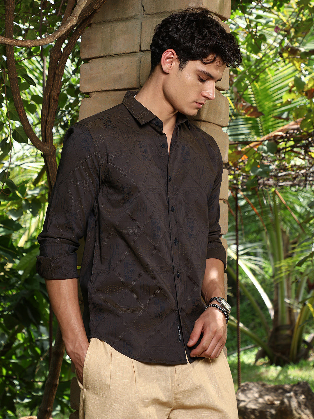 Olive Brown Geometric-Folk Self-Design Shirt