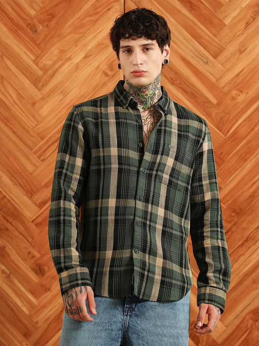 Dark Green Plaid Cotton Blend Full Sleeve Shirt