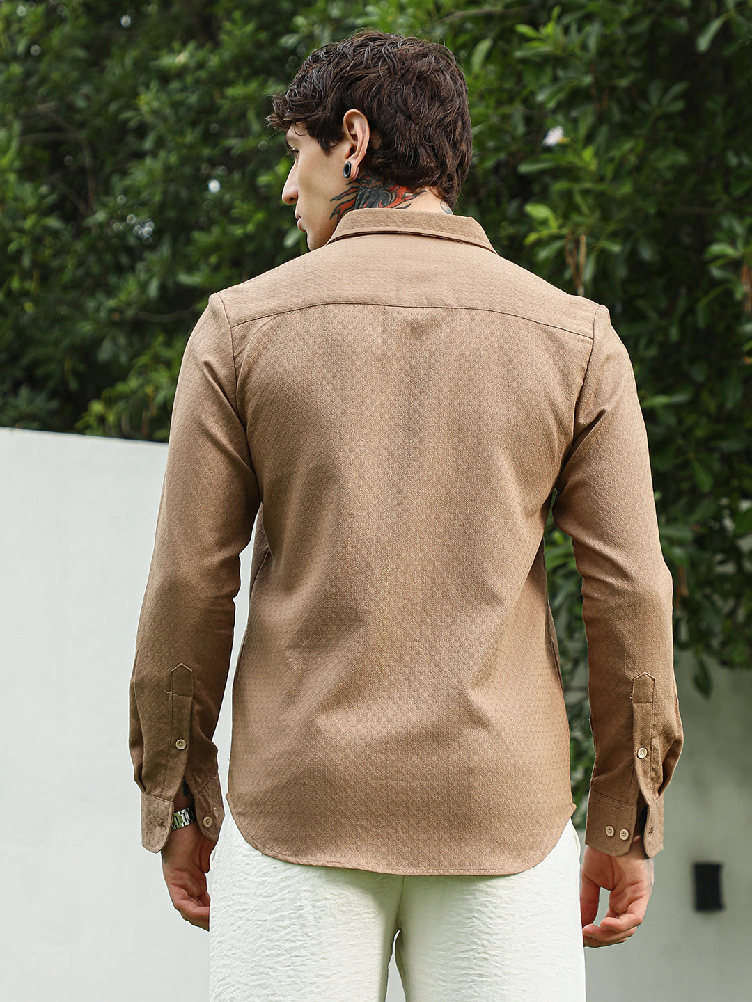 Beige Textured Cotton Blend Full Sleeve Shirt
