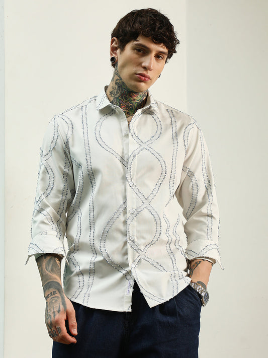 White Stitched Pattern Shirt - Cotton Polyester Blend