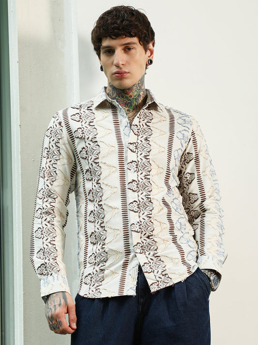 Off White Self Design Cotton-Poly Blend Full Sleeve Shirt