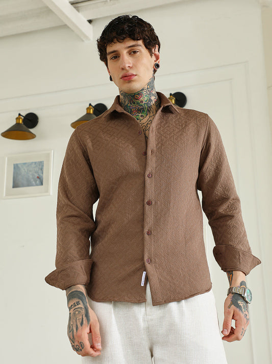 Textured Brown Cotton Blend Full Sleeve Shirt