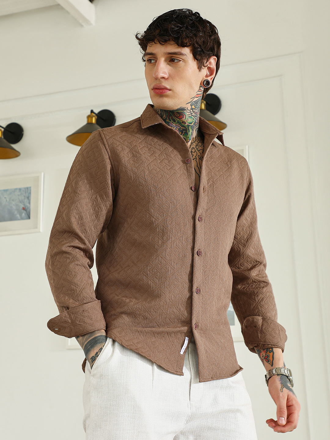 Textured Brown Cotton Blend Full Sleeve Shirt