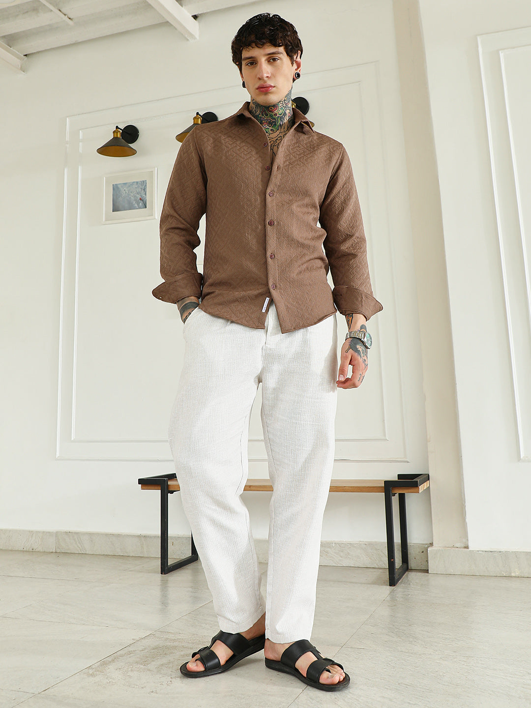 Textured Brown Cotton Blend Full Sleeve Shirt