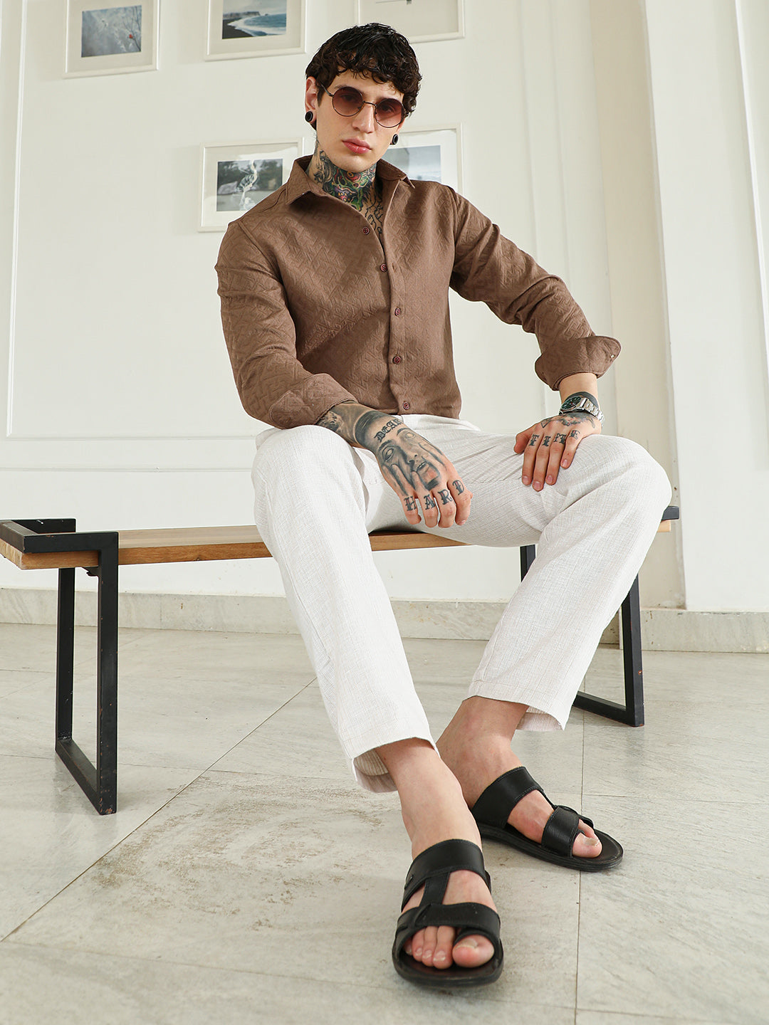 Textured Brown Cotton Blend Full Sleeve Shirt