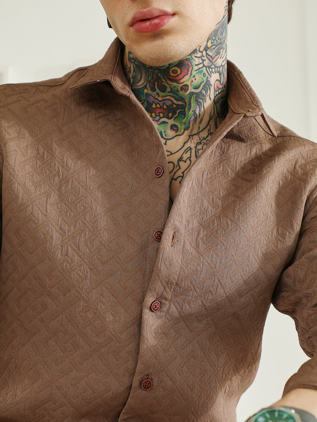 Textured Brown Cotton Blend Full Sleeve Shirt