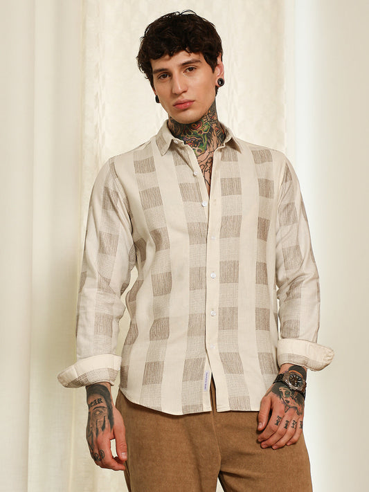 Beige Checkered Cotton Blend Full Sleeve Shirt