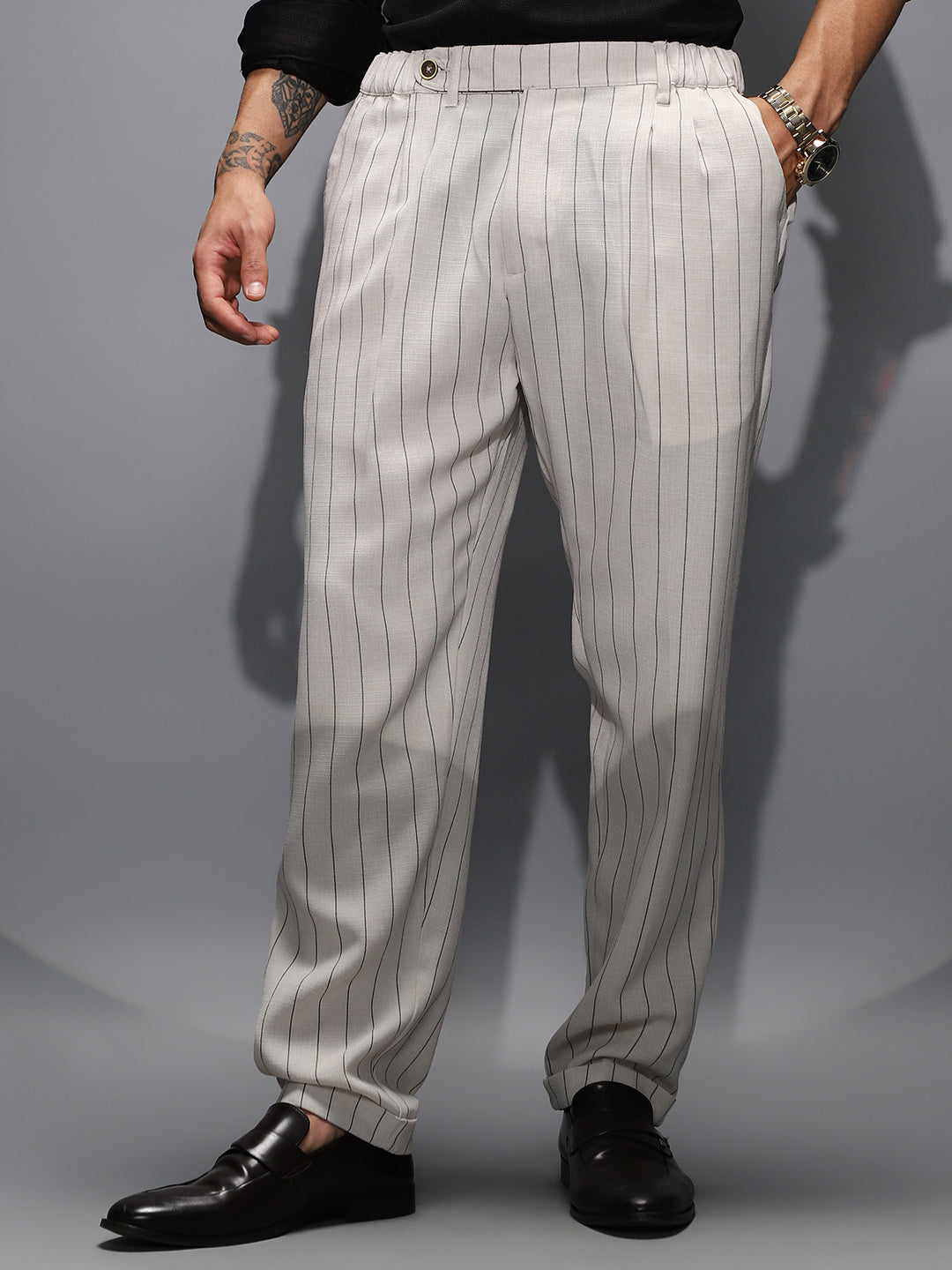 Pinstripe-Pleated Chino Trousers