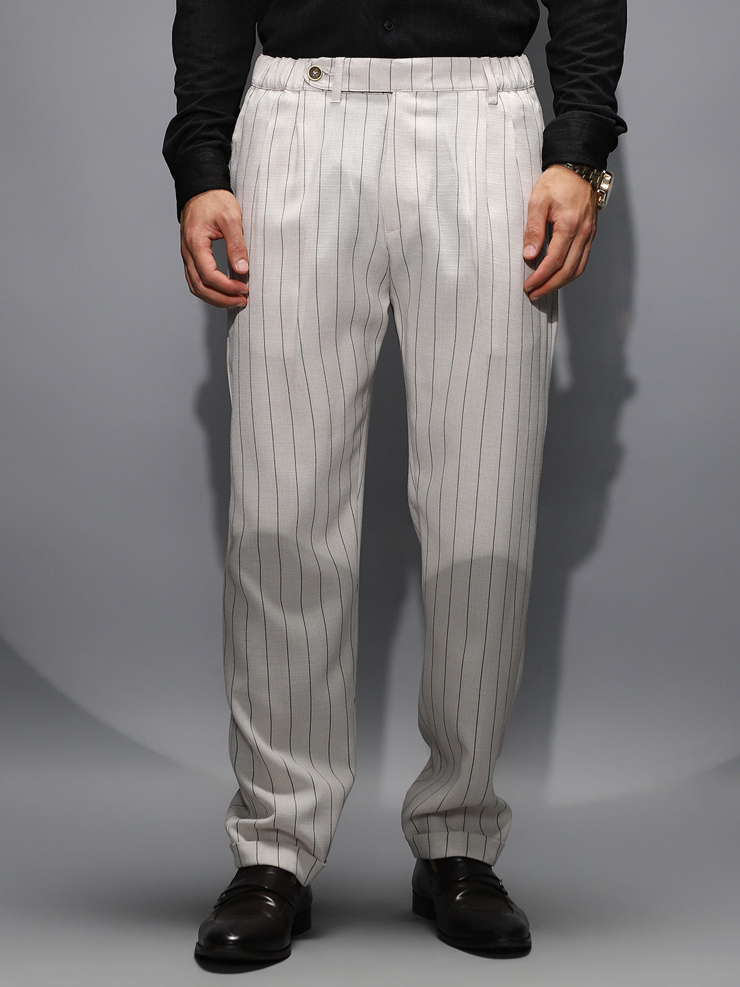 Pinstripe-Pleated Chino Trousers