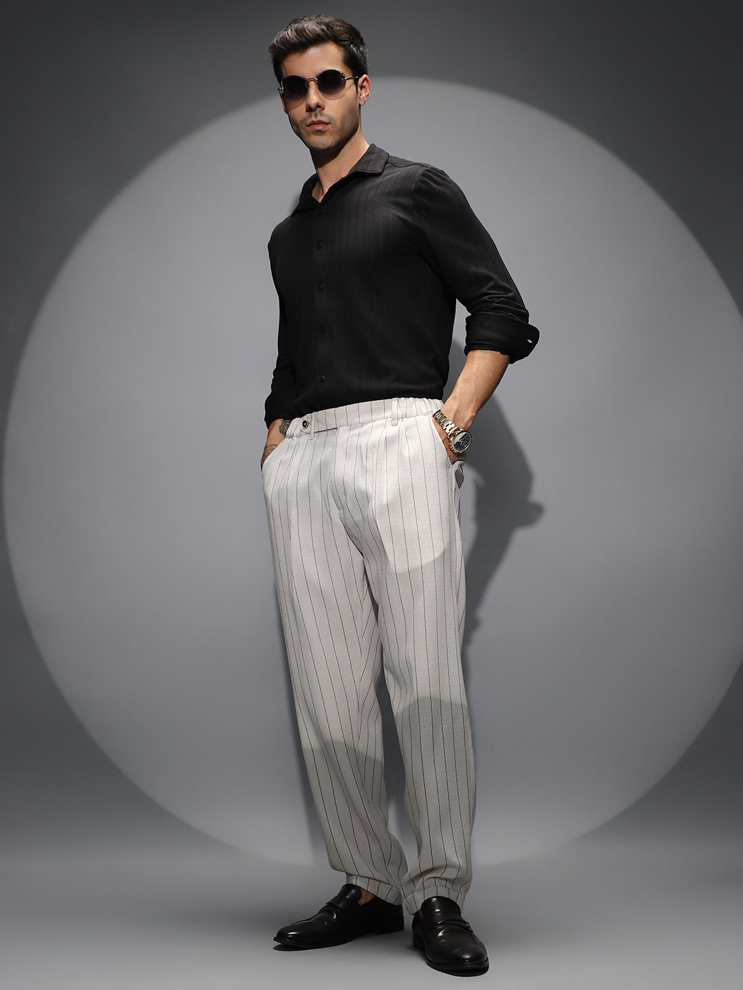 Pinstripe-Pleated Chino Trousers