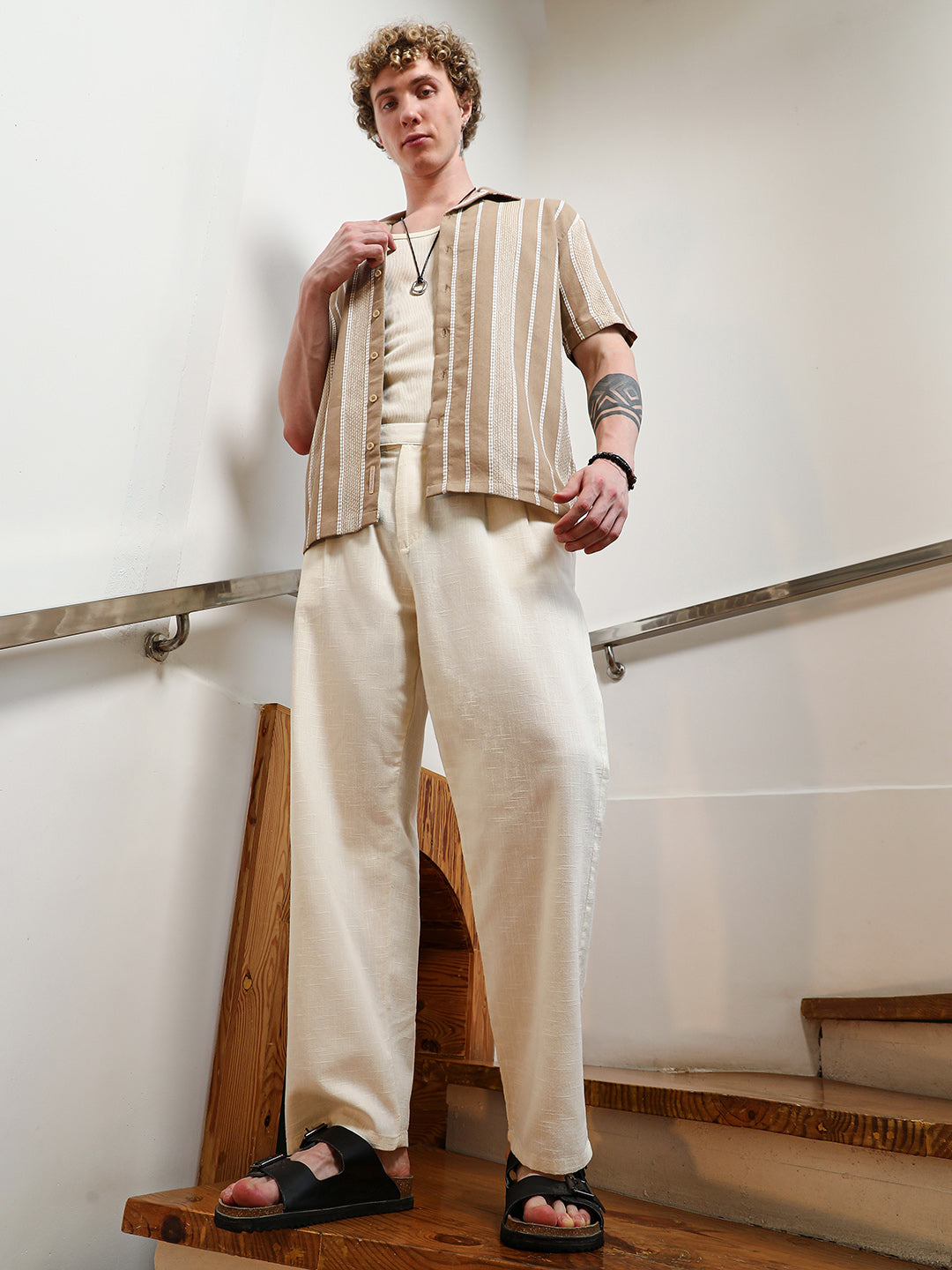 Cream Cotton Relaxed Fit Trousers