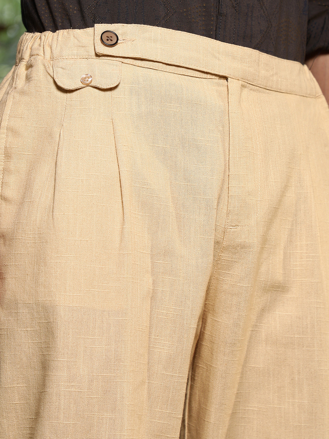 Buff Beige Pleated Extended-Button Trousers