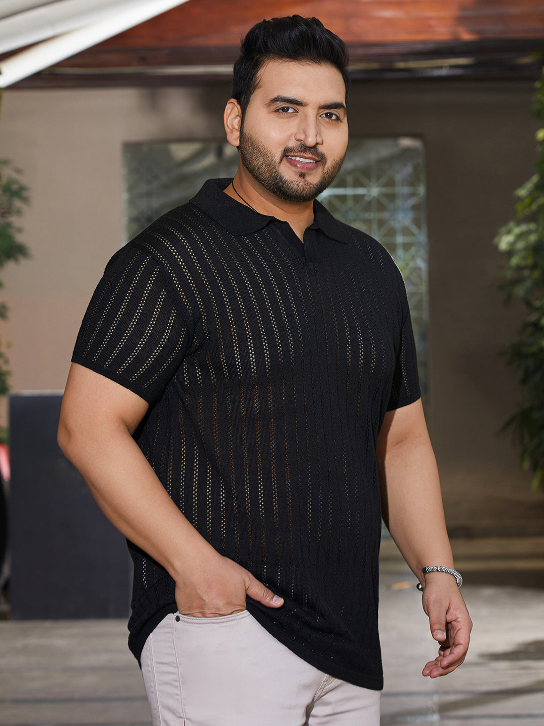 Stripe-Textured Polo T-Shirt