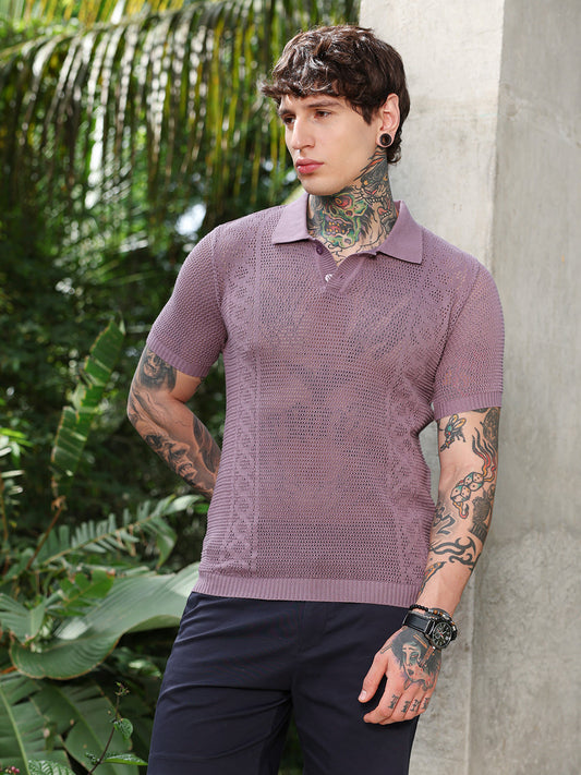 Spiral-Panel Open-Knit Polo T-Shirt