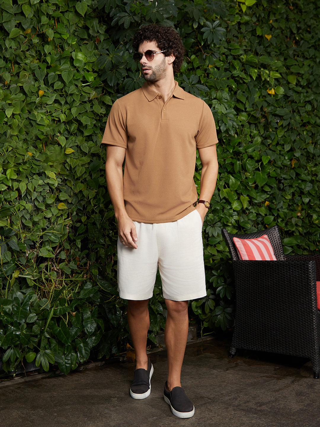 Chainlink-Ribbed Polo T-Shirt