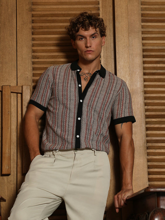 Striped-Knit Polo Shirt