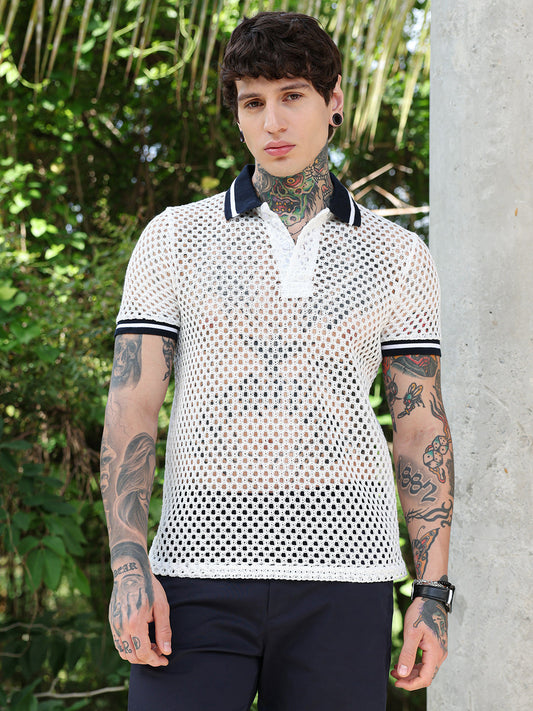 Open-Knit Block Polo T-Shirt