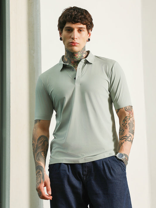 Light Green Slim Fit Polo T-Shirt with Breathable Poly-Spandex Blend