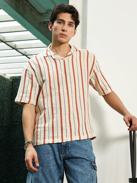Striped Cuban Collar Cotton T-Shirt - Cream & Orange