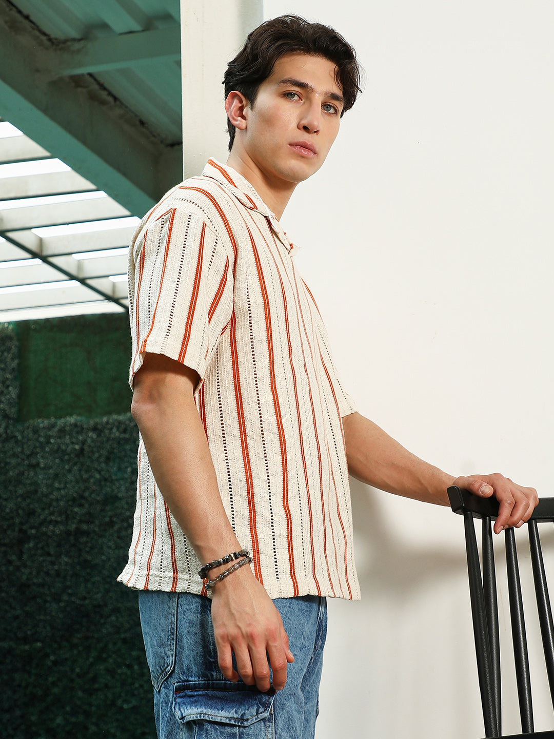 Striped Cuban Collar Cotton T-Shirt - Cream & Orange