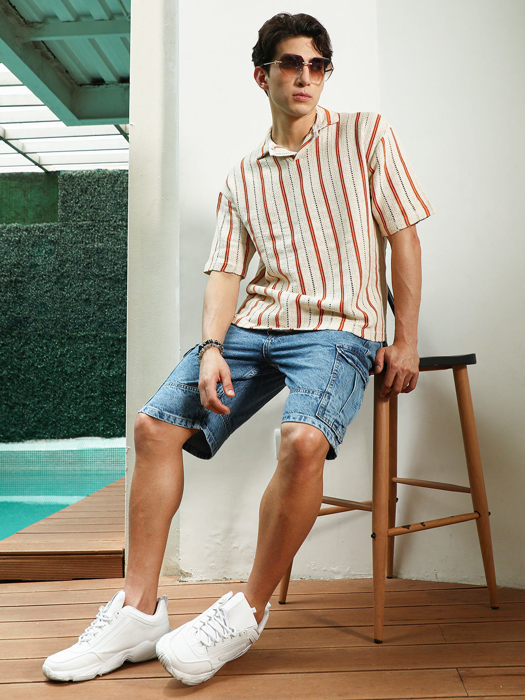 Striped Cuban Collar Cotton T-Shirt - Cream & Orange