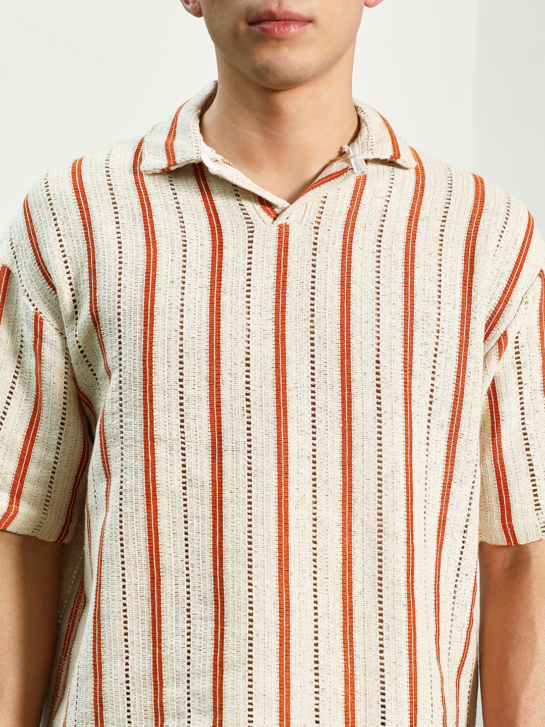 Striped Cuban Collar Cotton T-Shirt - Cream & Orange