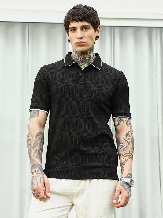 Textured Black Polo T-Shirt with Contrast Trim