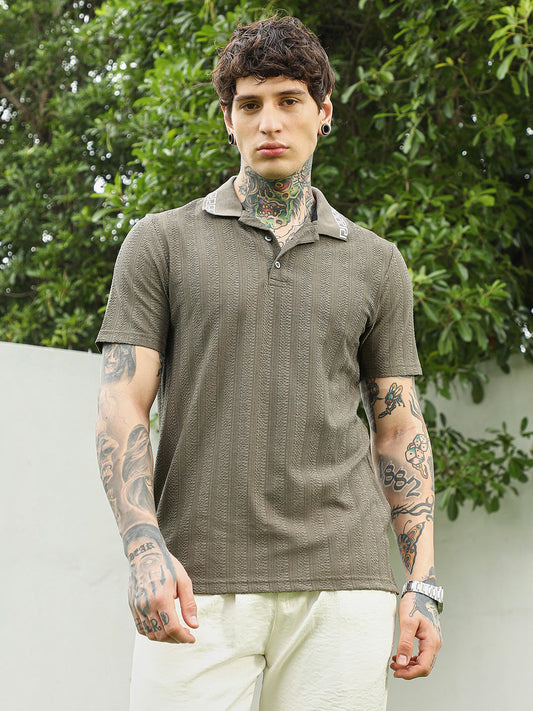 Olive Green Textured Polo T-shirt for Men