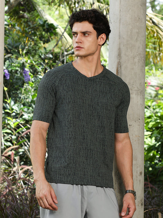 Emerald Green & Midnight Black Contrast-Heathered Knitted T-Shirt
