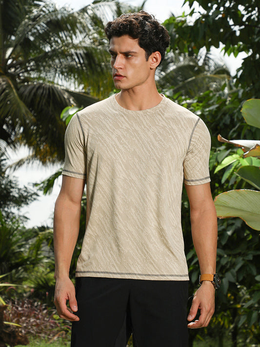 Sand Beige Plash-Imprint Activewear T-Shirt