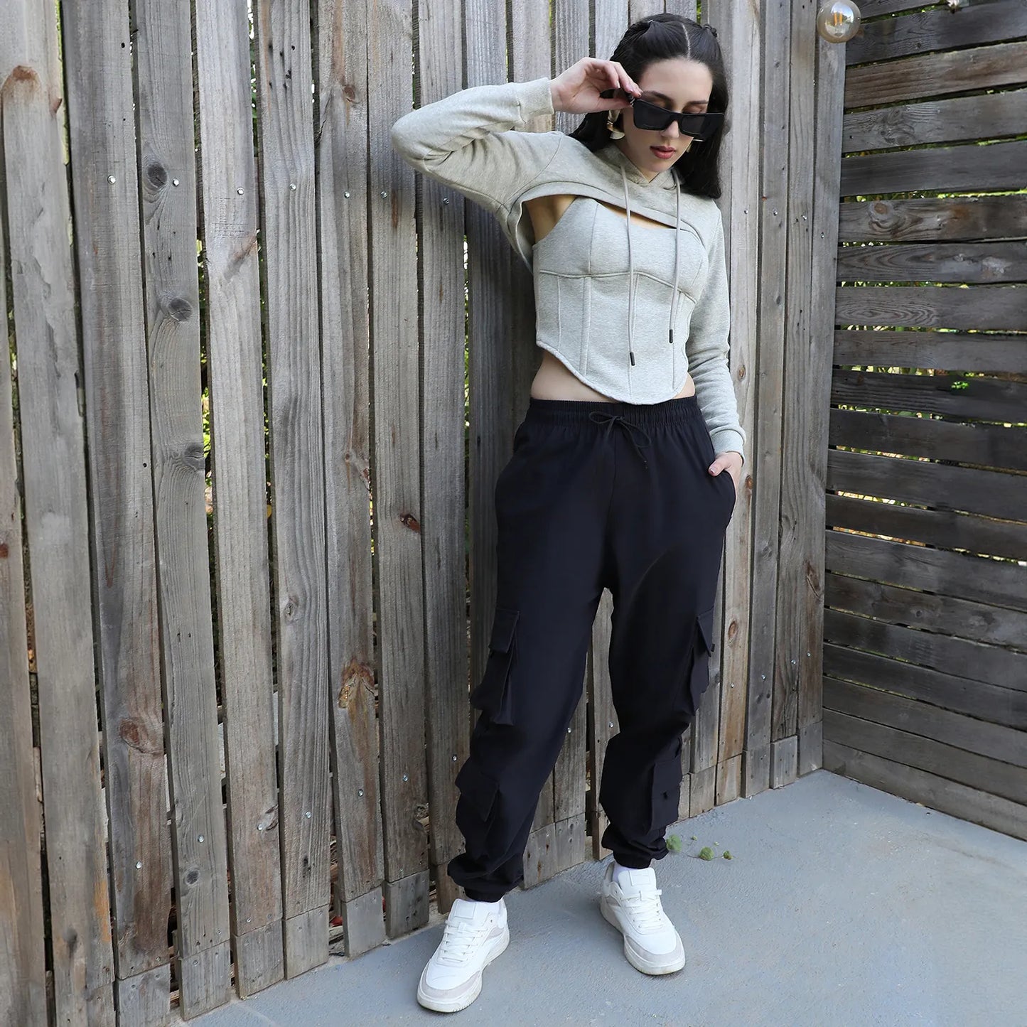 Light Grey Corset Top With Ultra Cropped Hoodie