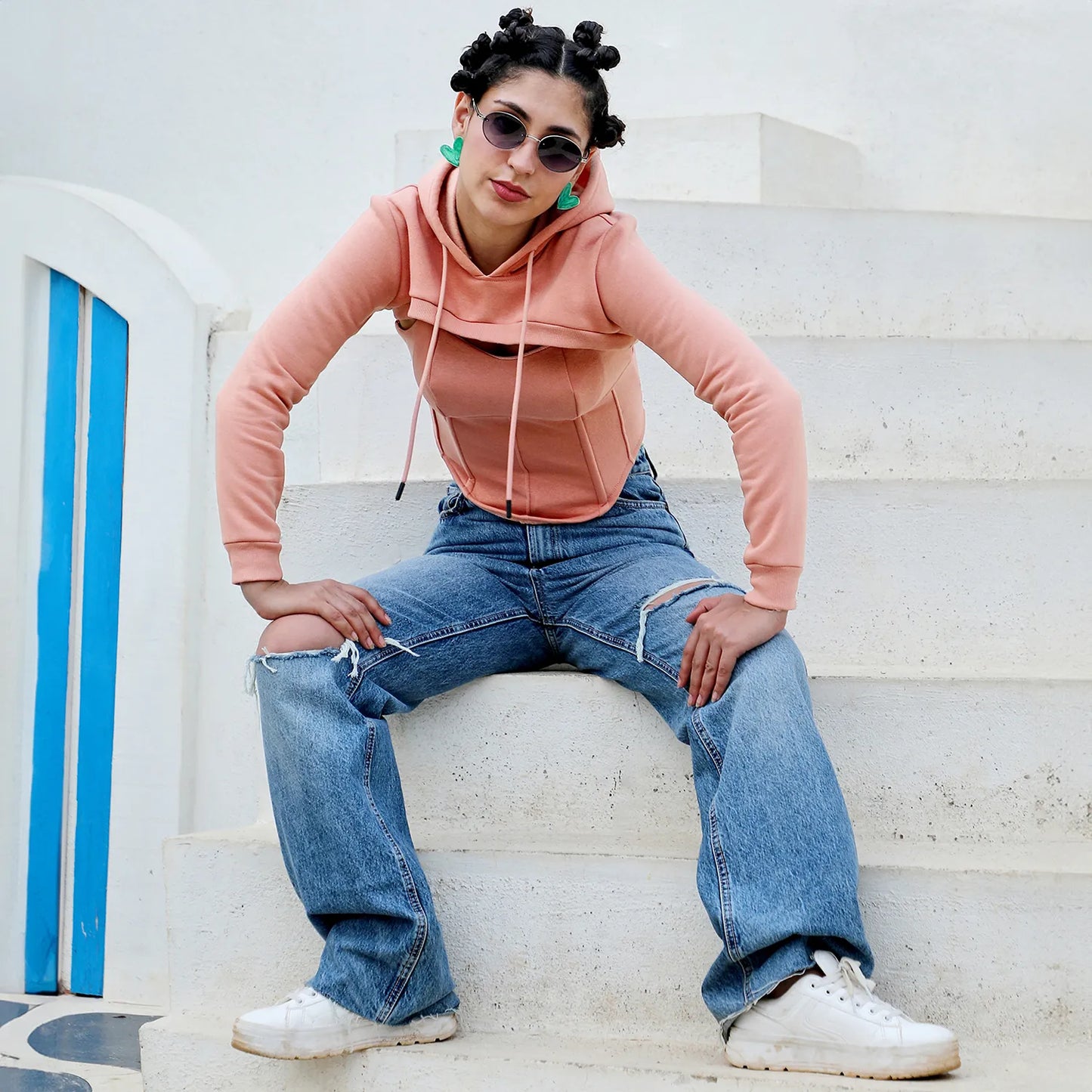 Nude Pink Corset Top With Ultra Cropped Hoodie