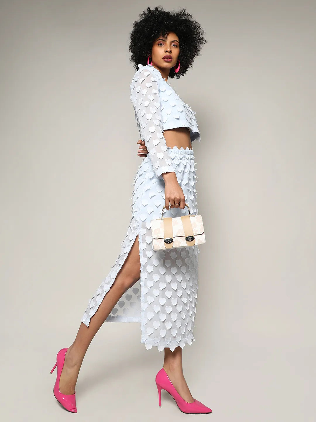 Baby Blue Sheer Applique Co-Ord Set With Slit